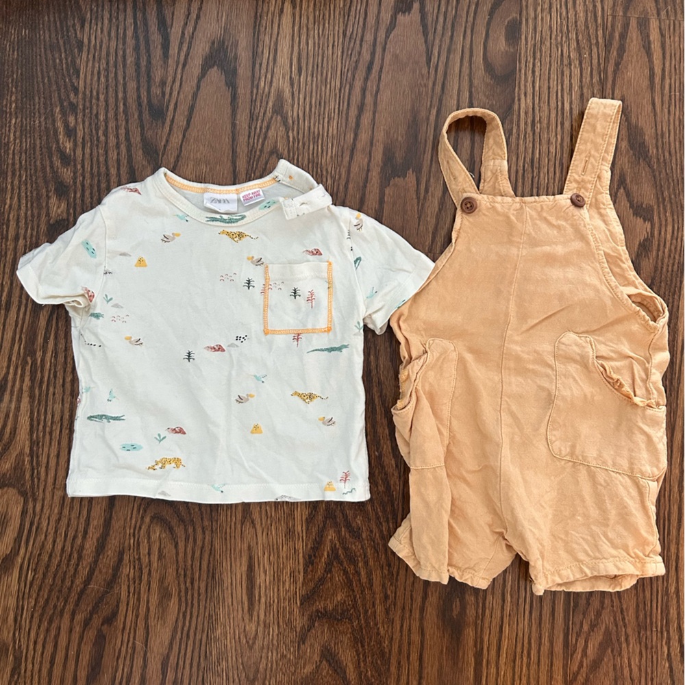 Zara overall shorts and animal print tshirt, size 6-9 months
